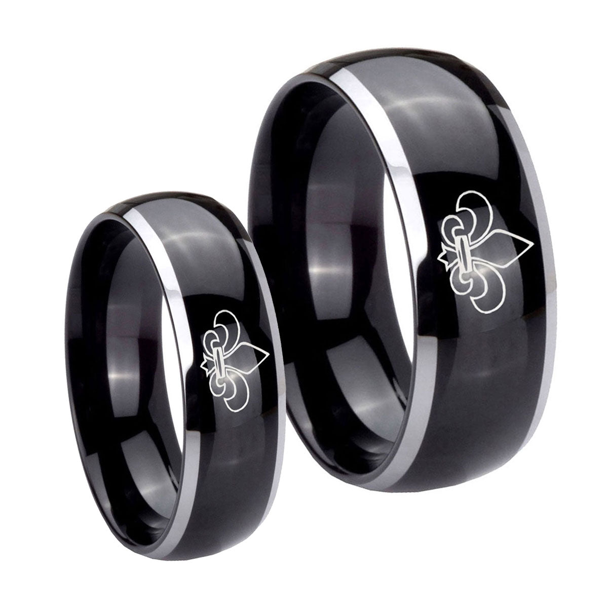 Fleur De Lis Dome Glossy Black 2 Tone Tungsten Bridal Ring Set