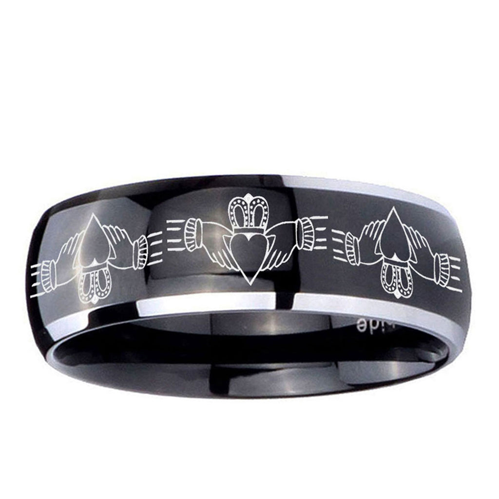 10mm Irish Claddagh Dome Glossy Black 2 Tone Tungsten Ring