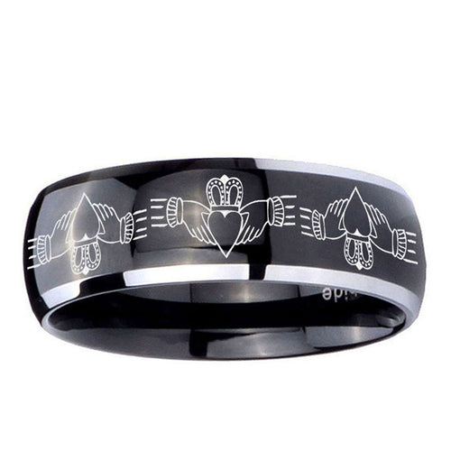 10mm Irish Claddagh Dome Glossy Black 2 Tone Tungsten Ring