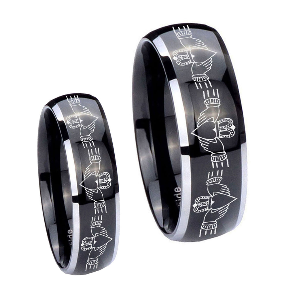 Irish Claddagh Dome Glossy Black 2 Tone Tungsten Promise Ring Set