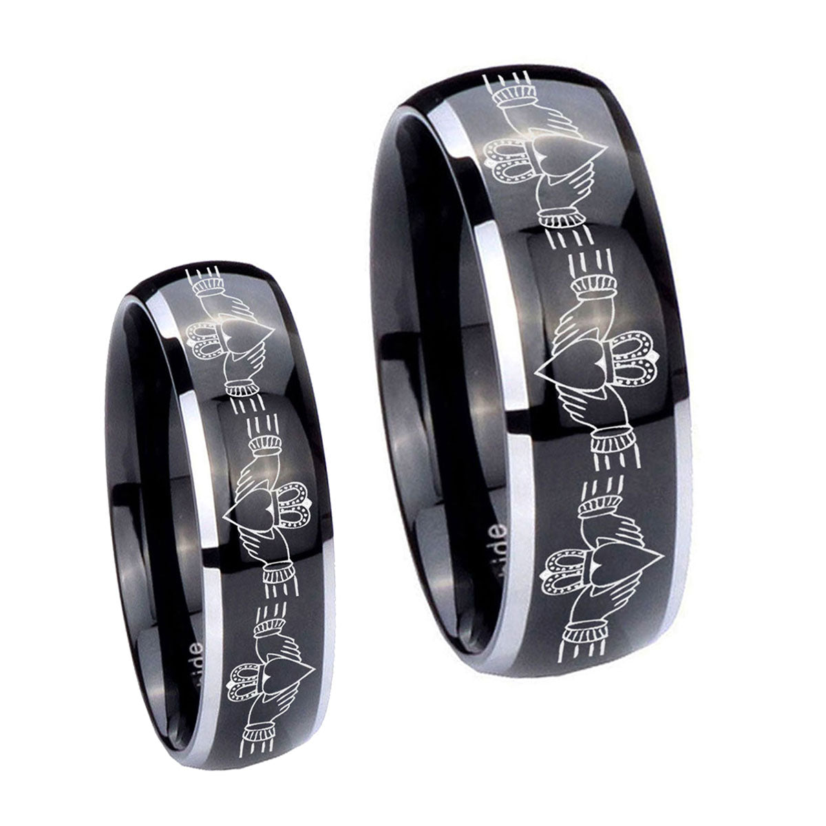 Irish Claddagh Dome Glossy Black 2 Tone Tungsten Promise Ring Set