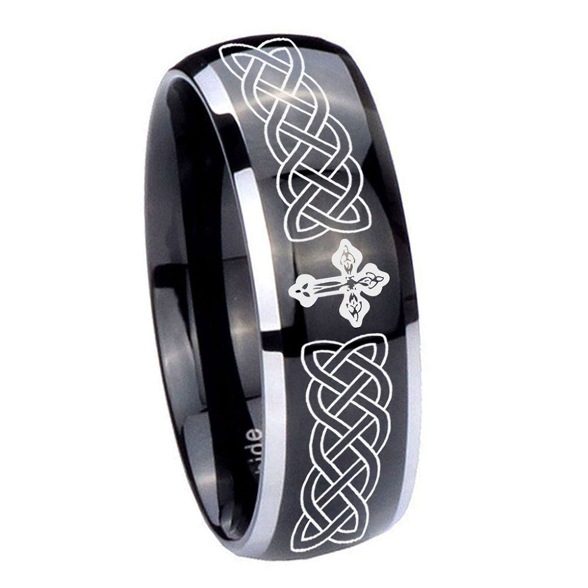 10mm Celtic Cross Dome Glossy Black 2 Tone Tungsten Carbide Custom Mens Ring