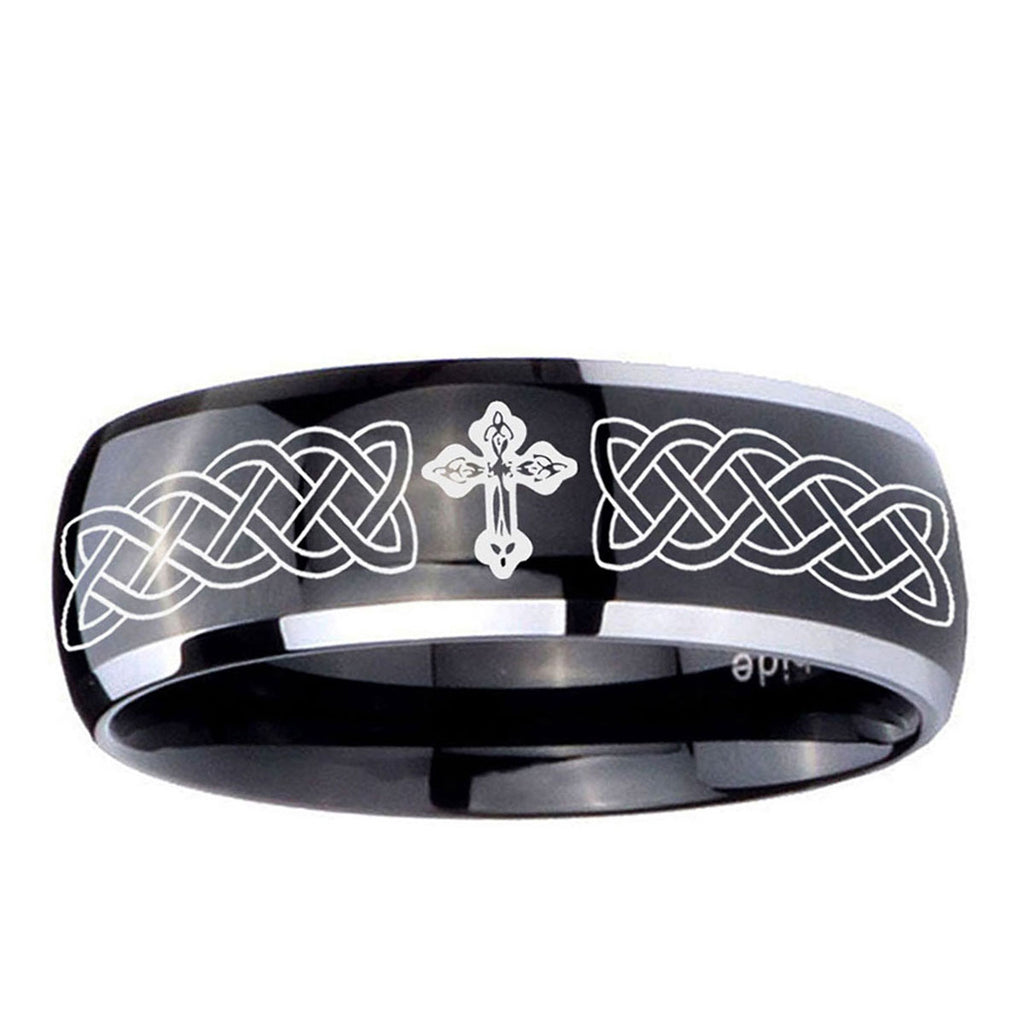 10mm Celtic Cross Dome Glossy Black 2 Tone Tungsten Ring
