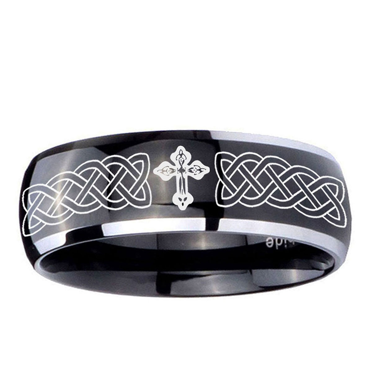 5mm Celtic Cross Dome Glossy Black 2 Tone Tungsten Ring