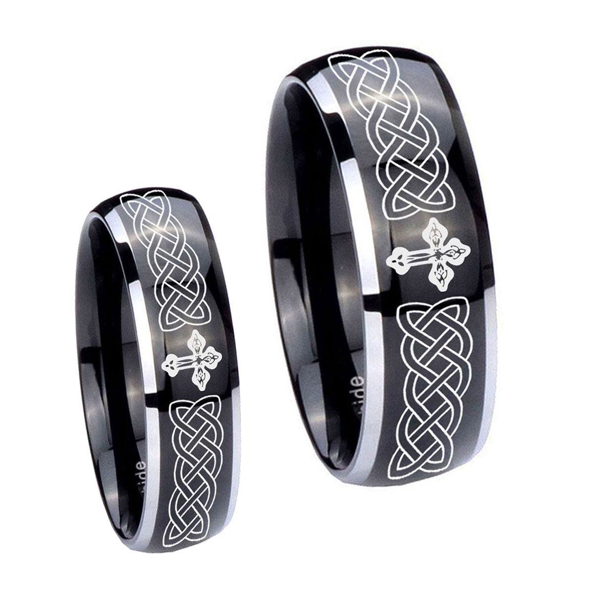 Celtic Cross Dome Glossy Black 2 Tone Tungsten His And Hers Ring