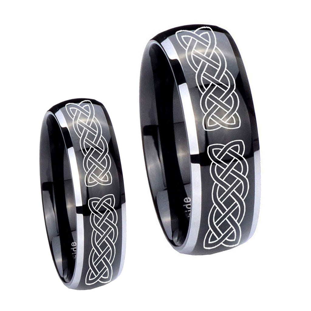Celtic Knot Dome Glossy Black 2 Tone Tungsten Couple Wedding Rings