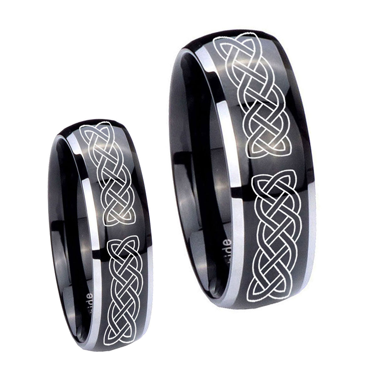 Celtic Knot Dome Glossy Black 2 Tone Tungsten Couple Wedding Rings