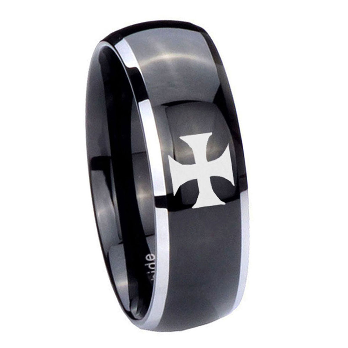 10mm Maltese Cross Dome Glossy Black 2 Tone Tungsten Men's Promise Rings