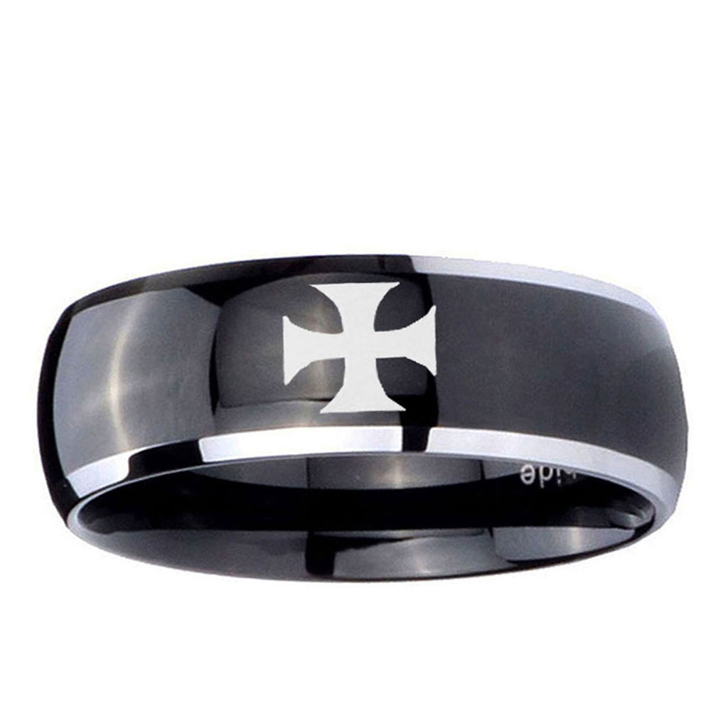 10mm Maltese Cross Dome Glossy Black 2 Tone Tungsten Men's Promise Rings