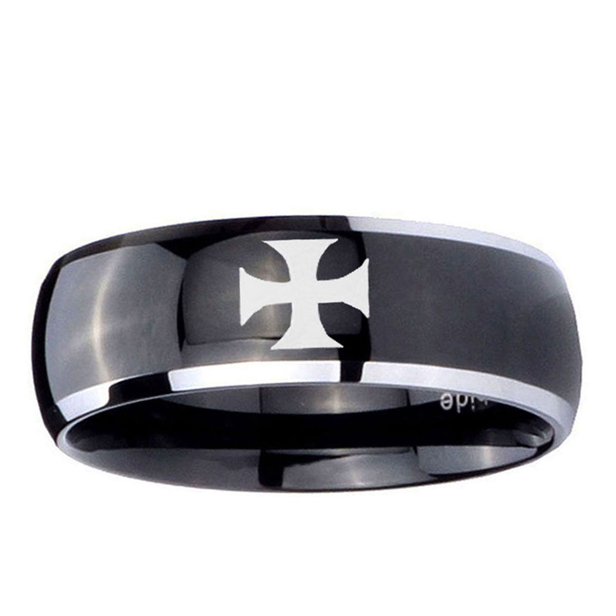 10mm Maltese Cross Dome Glossy Black 2 Tone Tungsten Men's Promise Rings