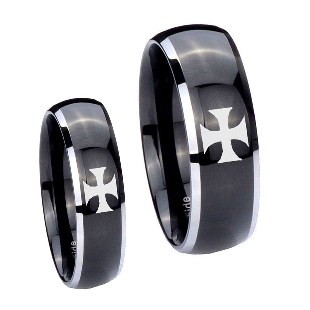 Maltese Cross Dome Glossy Black 2 Tone Tungsten Bridal Ring Sets