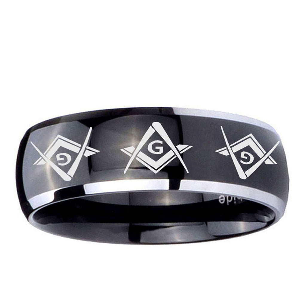 10mm Master Mason Masonic Dome Glossy Black 2 Tone Tungsten Custom Ring for Men
