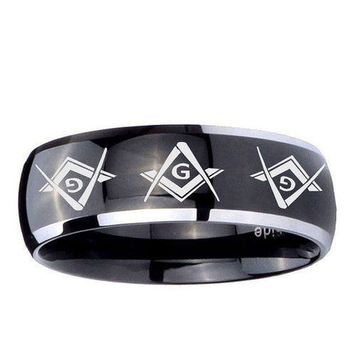 10mm Master Mason Masonic Dome Glossy Black 2 Tone Tungsten Custom Ring for Men