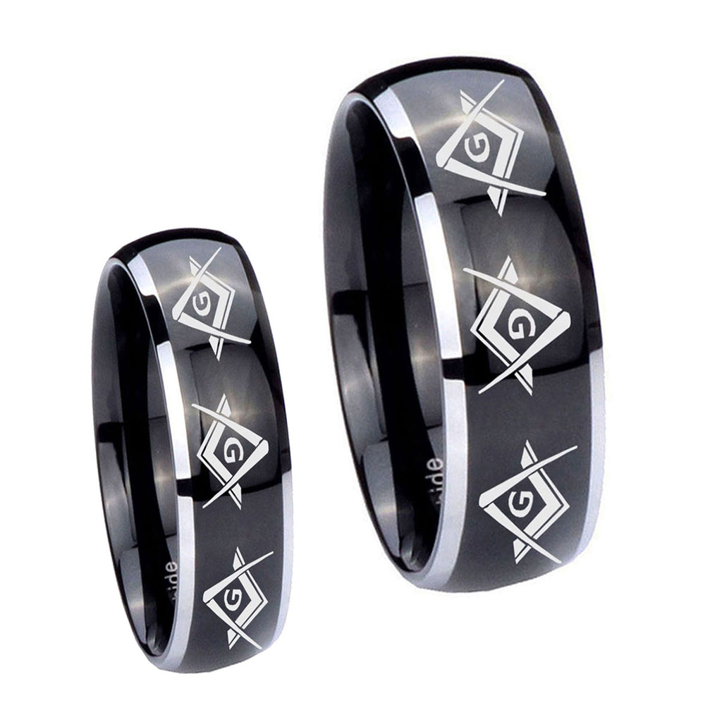 Master Mason Masonic Dome Glossy Black 2 Tone Tungsten Wedding Ring Set