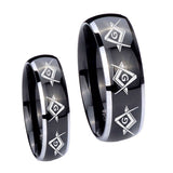 His Hers Master Mason Masonic  Dome Glossy Black 2 Tone Tungsten Engraving Ring Set