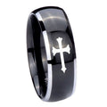 10mm Christian Cross Dome Glossy Black 2 Tone Tungsten Carbide Mens Ring