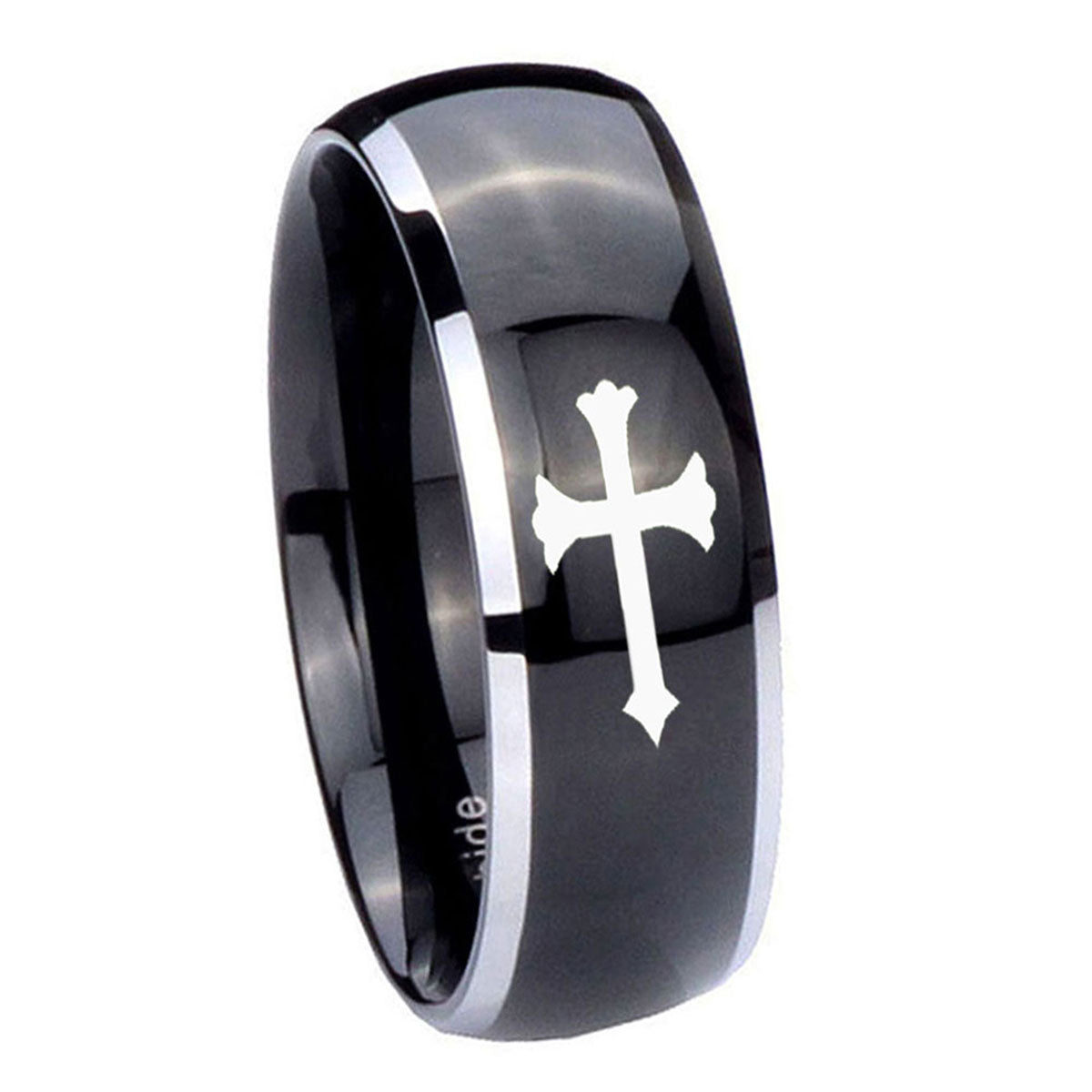 10mm Christian Cross Dome Glossy Black 2 Tone Tungsten Carbide Mens Ring