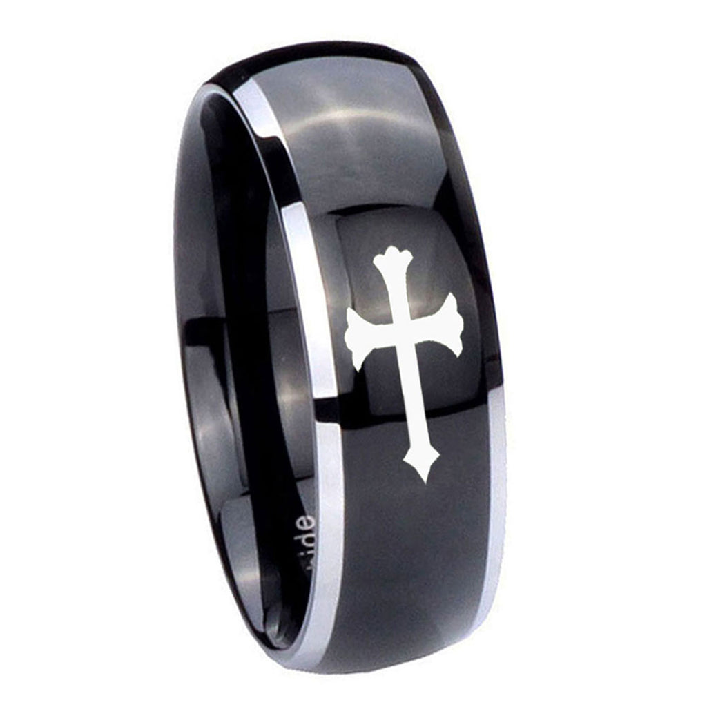 8mm Christian Cross Dome Glossy Black 2 Tone Tungsten Bands