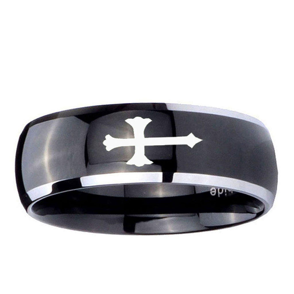 10mm Christian Cross Dome Glossy Black 2 Tone Tungsten Carbide Mens Ring