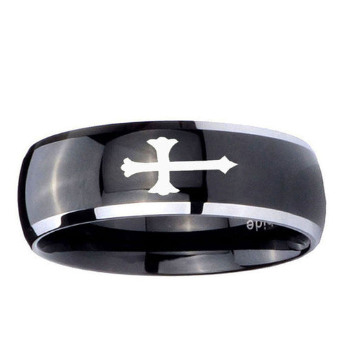 10mm Christian Cross Dome Glossy Black 2 Tone Tungsten Carbide Mens Ring