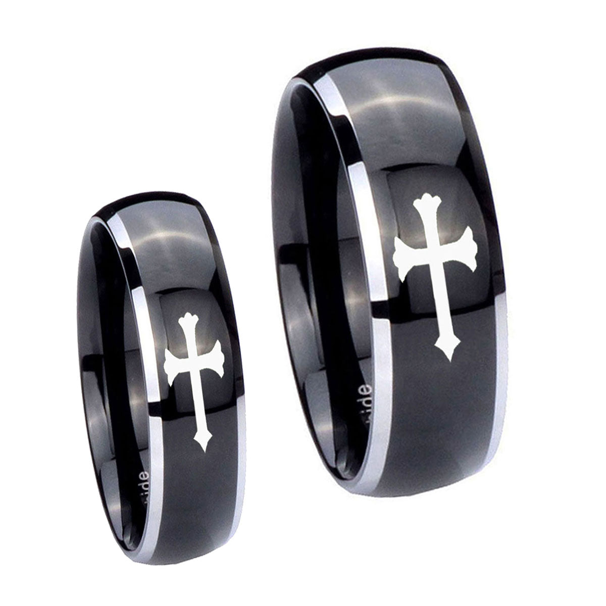 Christian Cross Dome Glossy Black 2 Tone Tungsten Wedding Set Ring