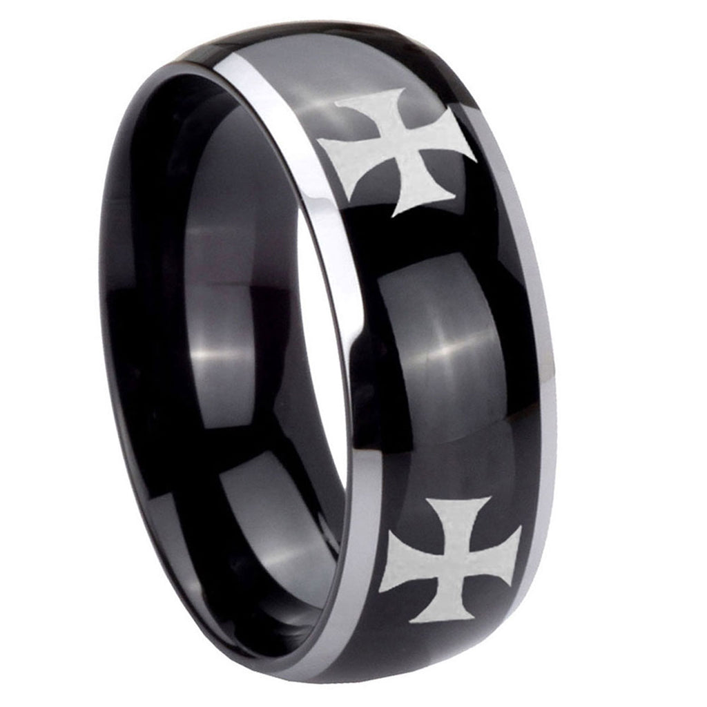 10mm 4 Maltese Cross Dome Glossy Black 2 Tone Tungsten Men's Bands Ring