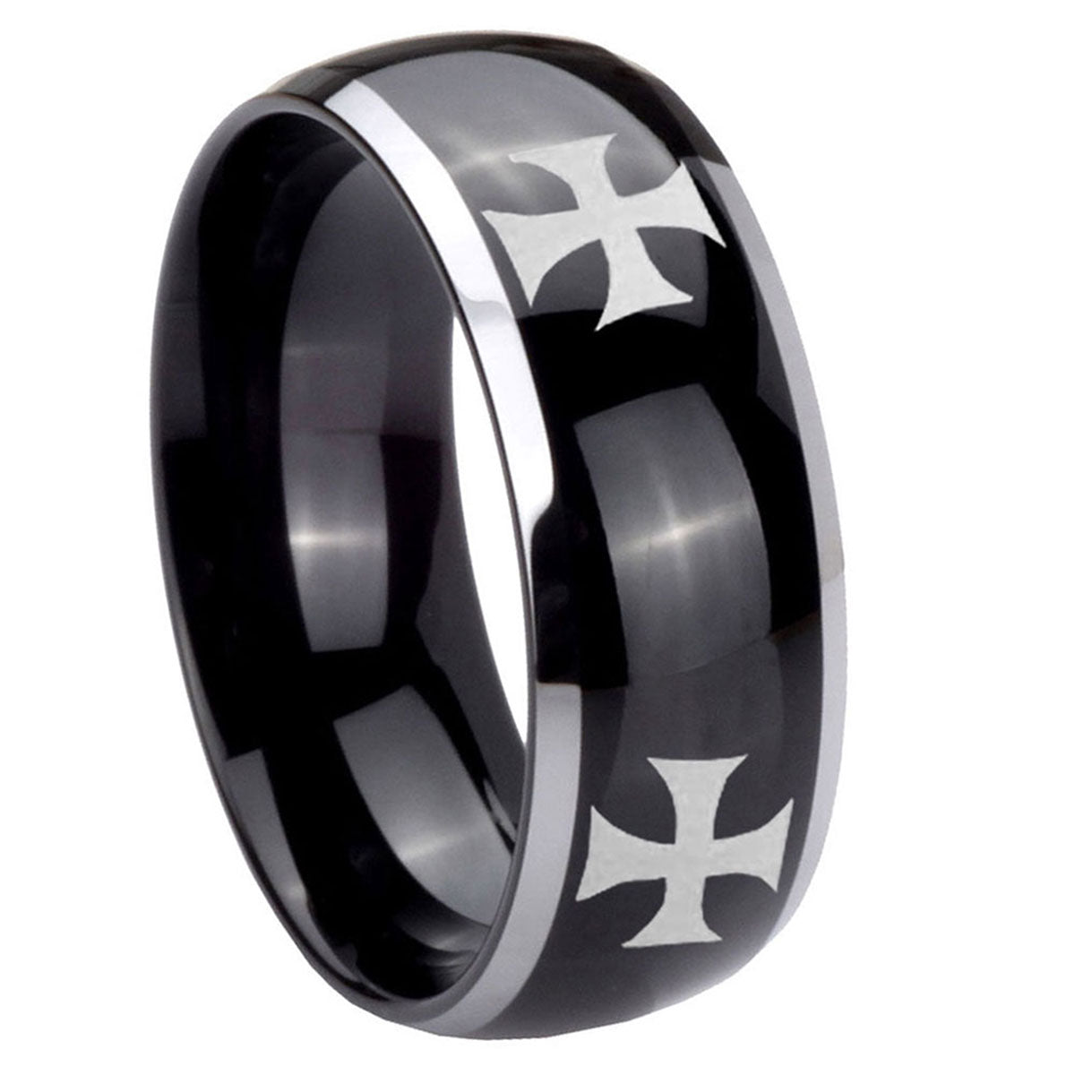 8mm 4 Maltese Cross Dome Glossy Black 2 Tone Tungsten Ring