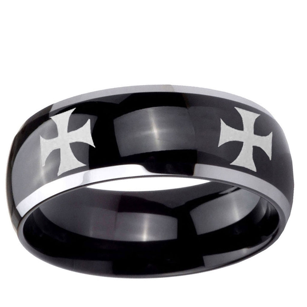 10mm 4 Maltese Cross Dome Glossy Black 2 Tone Tungsten Ring