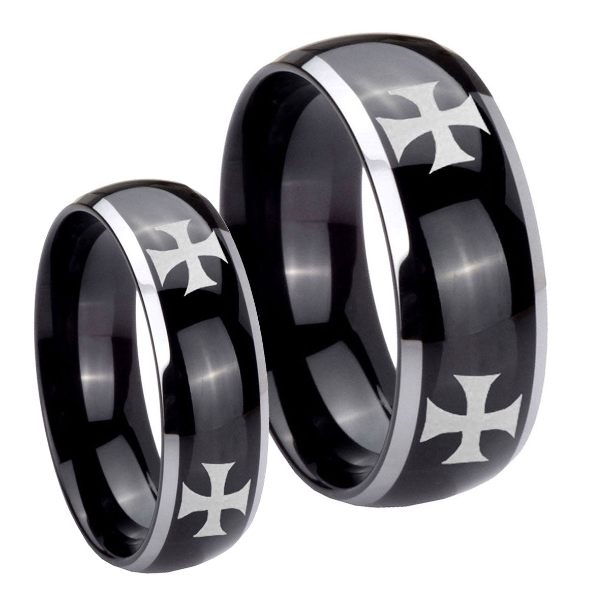 4 Maltese Cross Dome Glossy Black 2 Tone Tungsten Engagement Ring Set