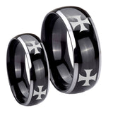 His Hers 4 Maltese Cross Dome Glossy Black 2 Tone Tungsten Men's Ring Set