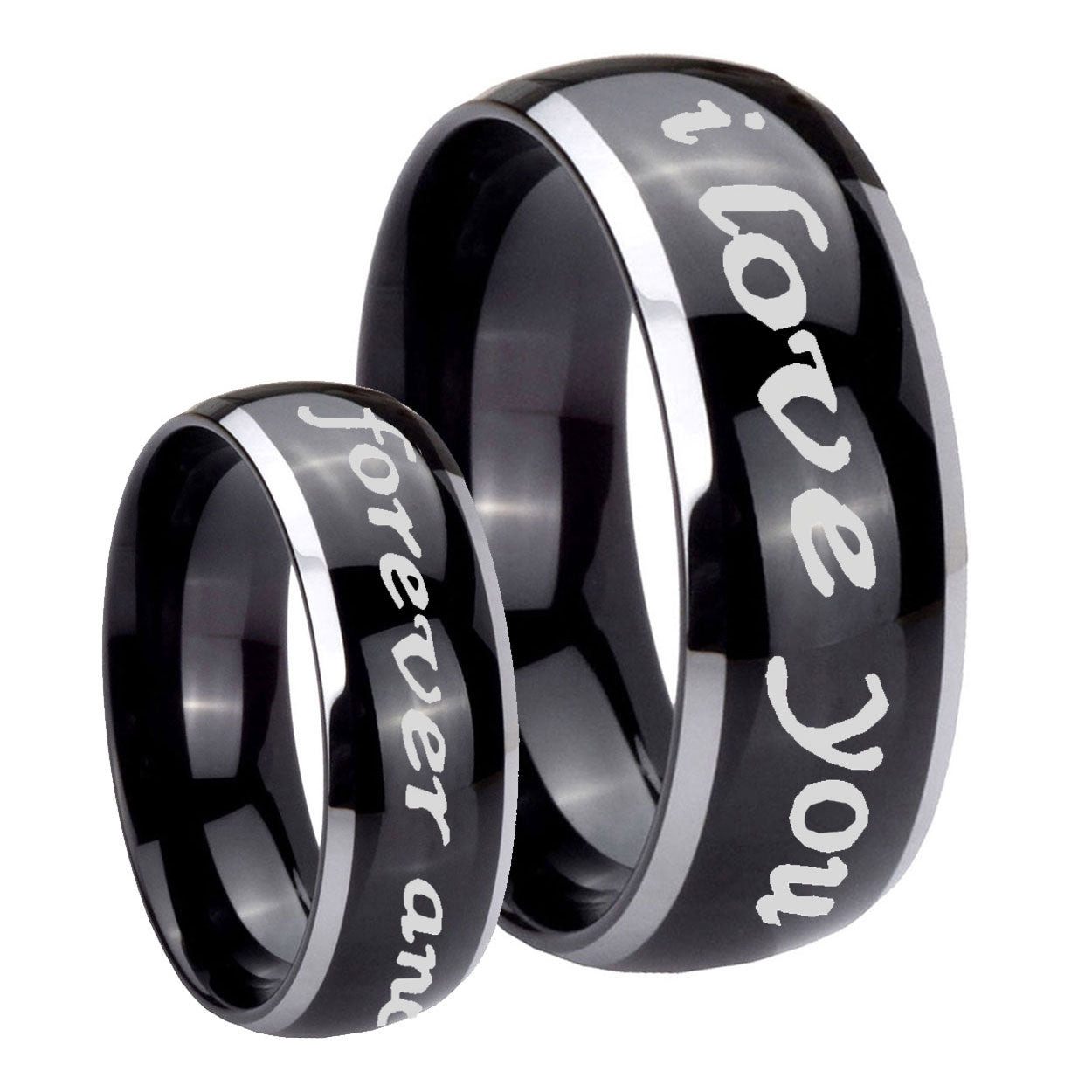 10mm I Love You Forever and ever Dome Glossy Black 2 Tone Tungsten Engraved Ring