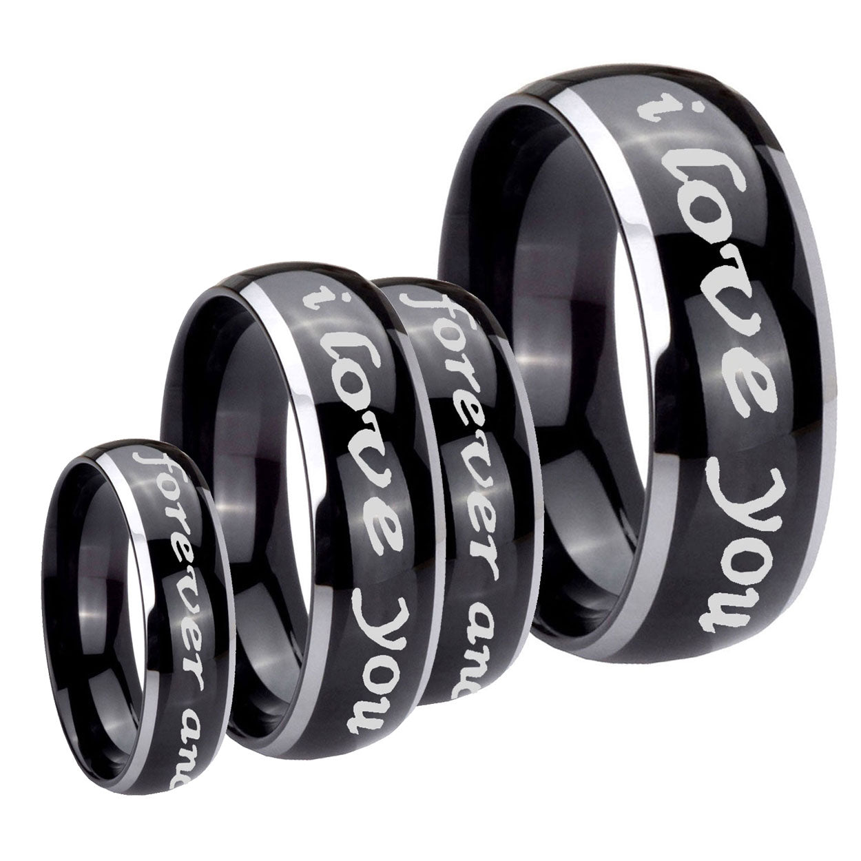 I Love You Forever and ever Dome Glossy Black 2 Tone Tungsten His Hers Ring Set