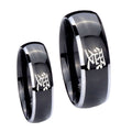 Kanji Love Dome Glossy Black 2 Tone Tungsten Bridal Set Rings