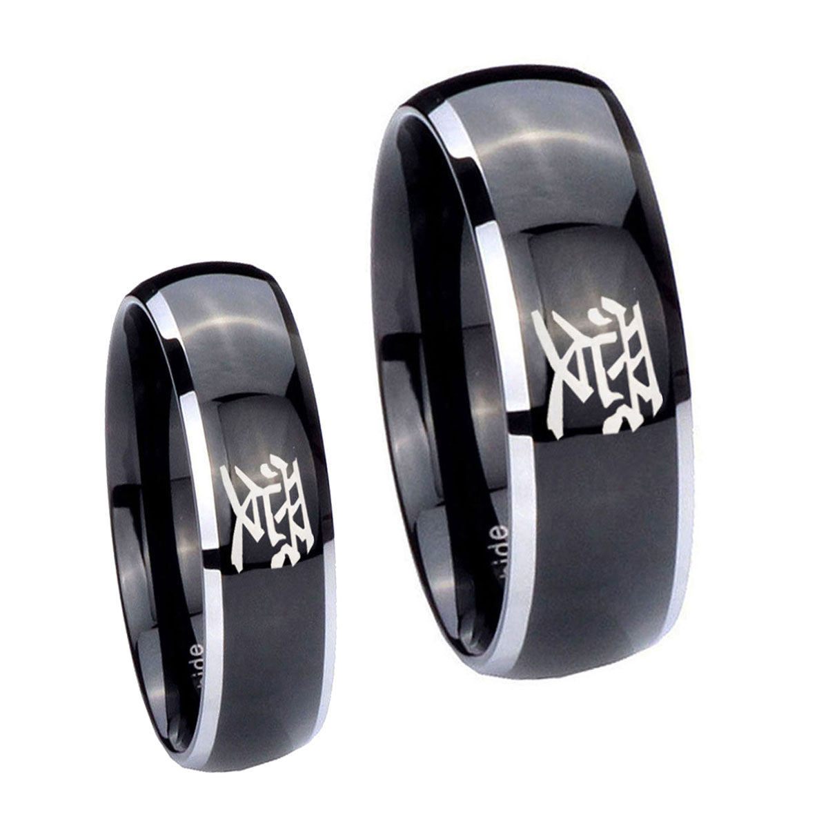 Kanji Love Dome Glossy Black 2 Tone Tungsten Bridal Set Rings