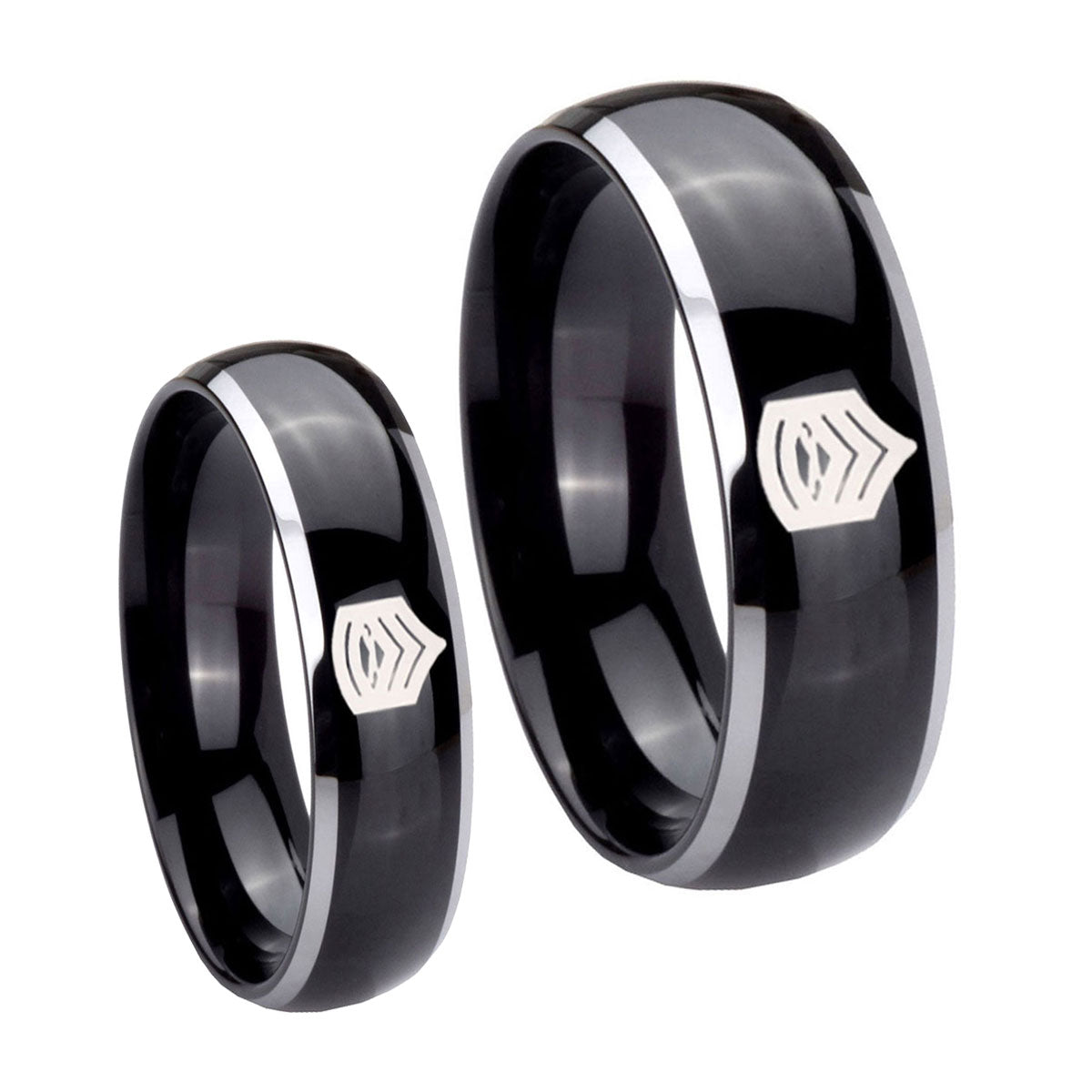 Army Sergeant Major Dome Glossy Black 2 Tone Tungsten Promise Ring Set
