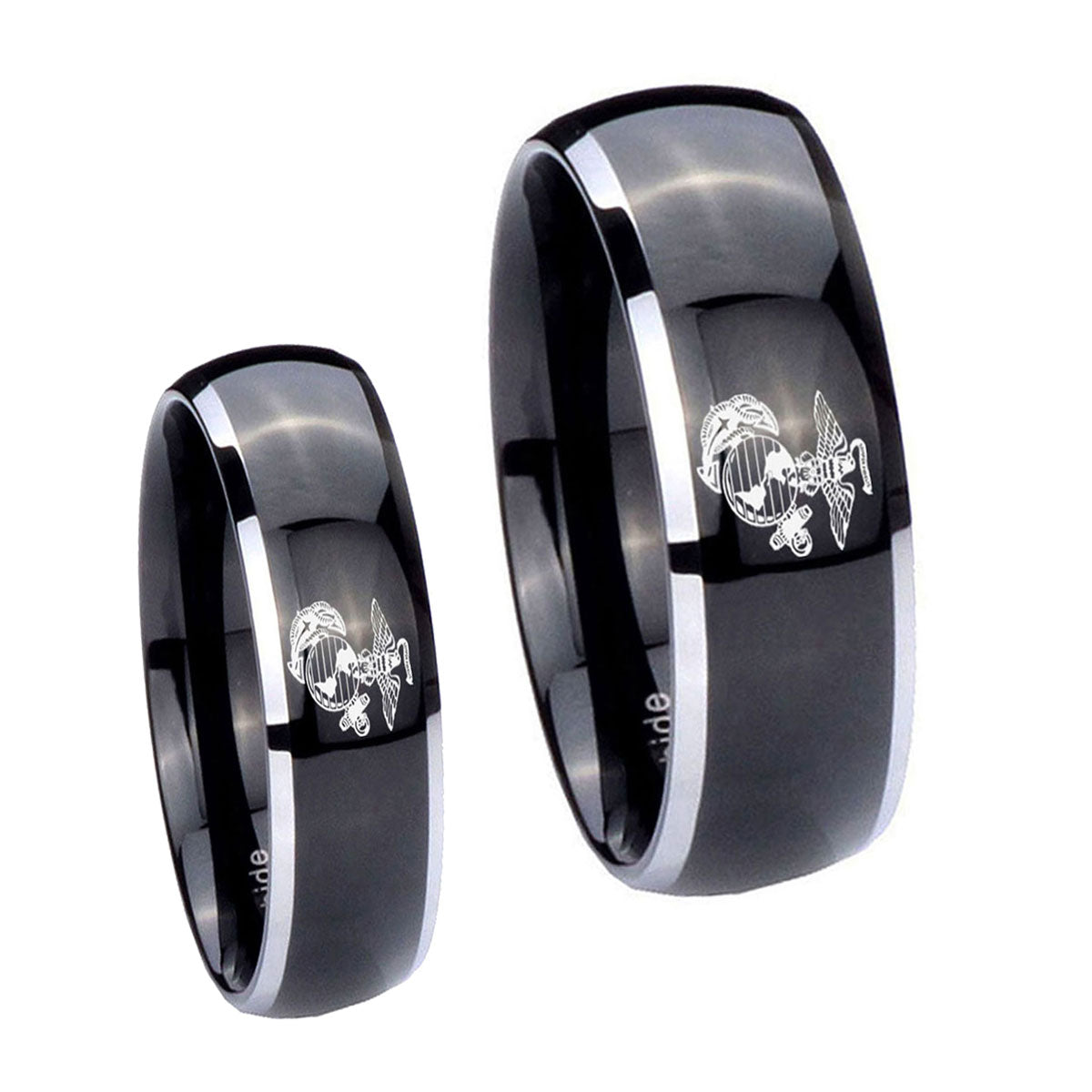 Marine Dome Glossy Black 2 Tone Tungsten Couple Band Set