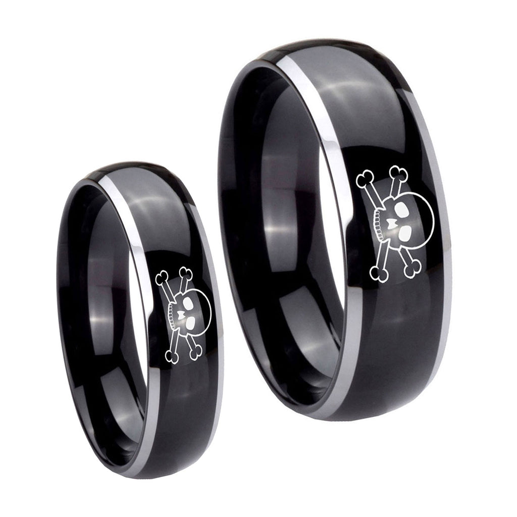 Skull Dome Glossy Black 2 Tone Tungsten Couple Rings