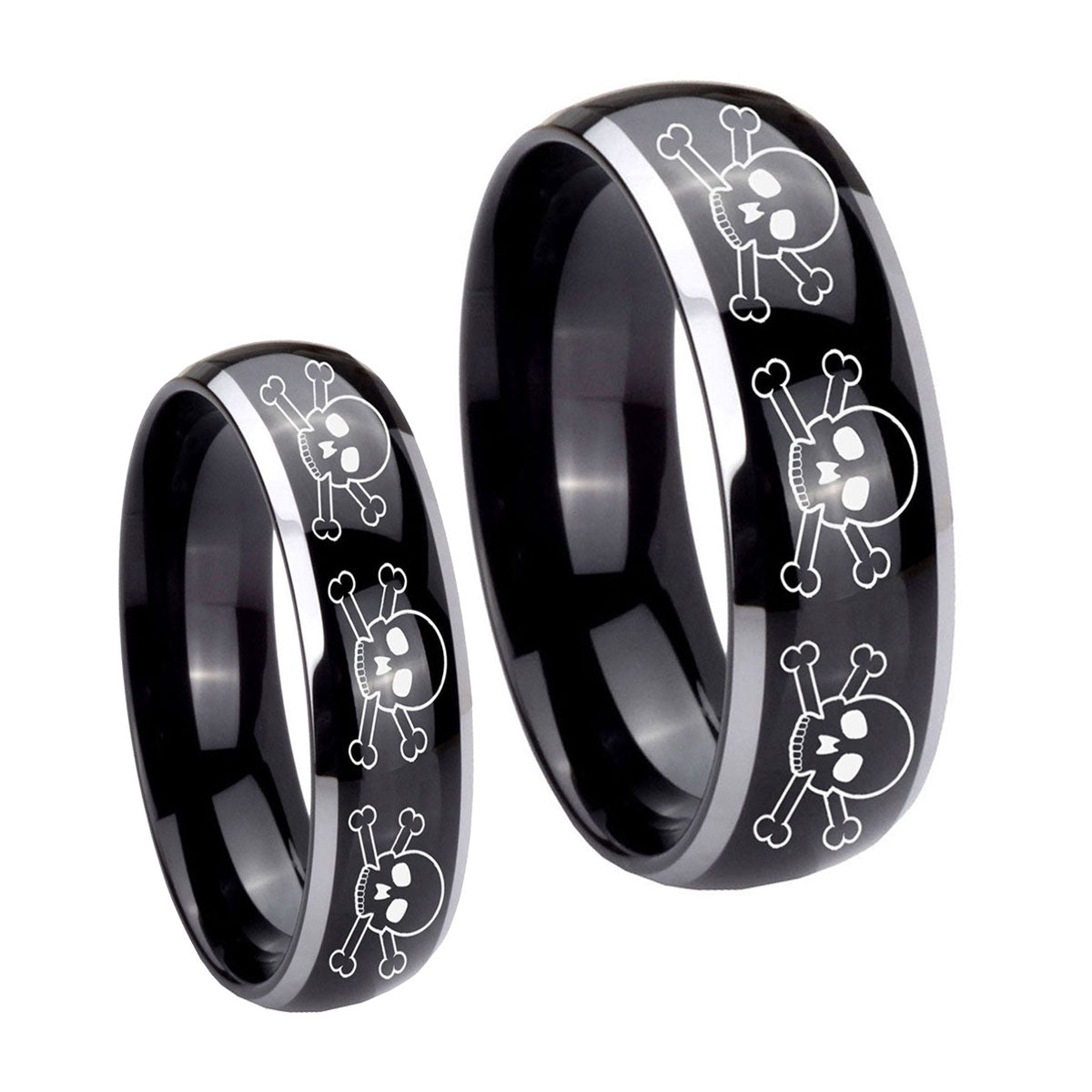 Multiple Skull Dome Glossy Black 2 Tone Tungsten Matching Ring Set