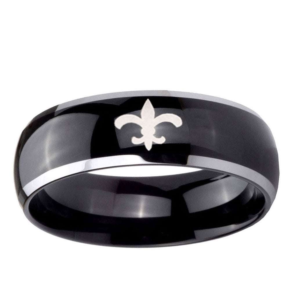 10mm Fleur-De-Lis Dome Glossy Black 2 Tone Tungsten Ring