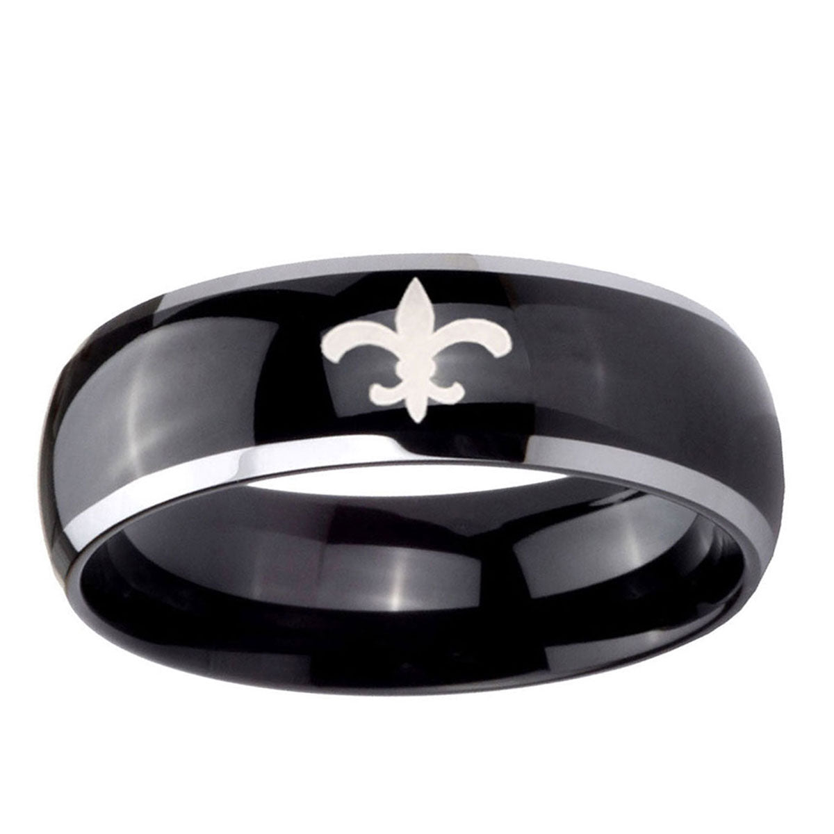 10mm Fleur-De-Lis Dome Glossy Black 2 Tone Tungsten Ring