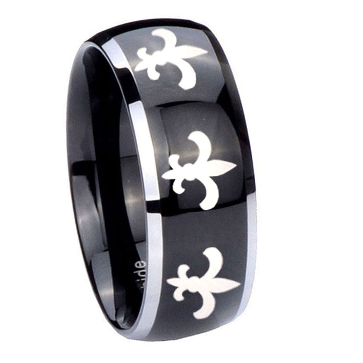 10mm Multiple Fleur Delis Dome Glossy Black 2 Tone Tungsten Mens Bands Ring
