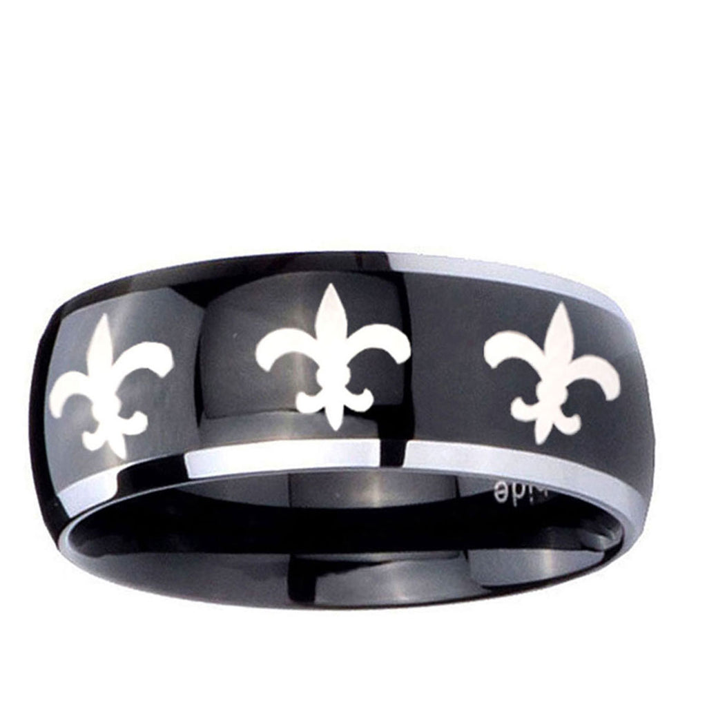 10mm Multiple Fleur-De-Lis Dome Glossy Black 2 ToneTungsten Ring