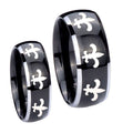 Multiple Fleur De Lis Dome Glossy Black 2 Tone Tungsten Mens Set Rings
