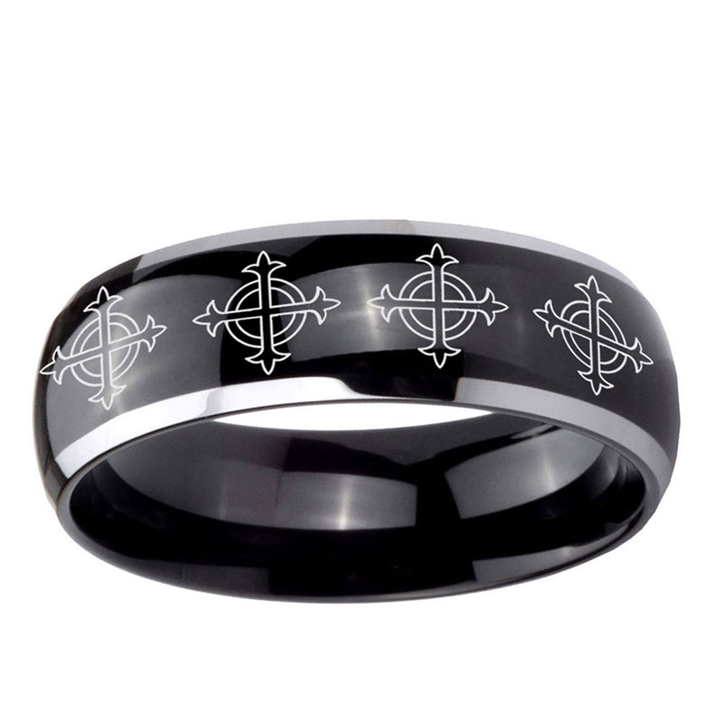 10mm Multiple Crosses Dome Glossy Black 2 Tone Tungsten Ring