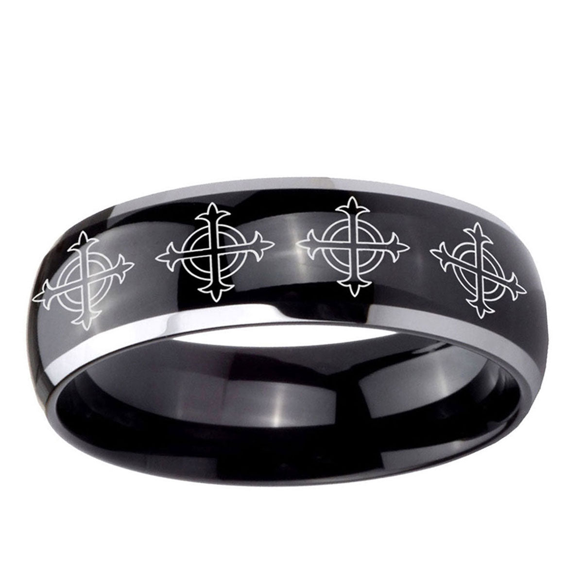 10mm Multiple Crosses Dome Glossy Black 2 Tone Tungsten Ring