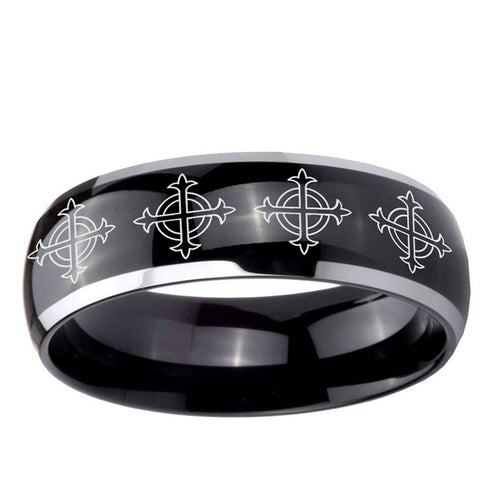 10mm Multiple Crosses Dome Glossy Black 2 Tone Tungsten Ring