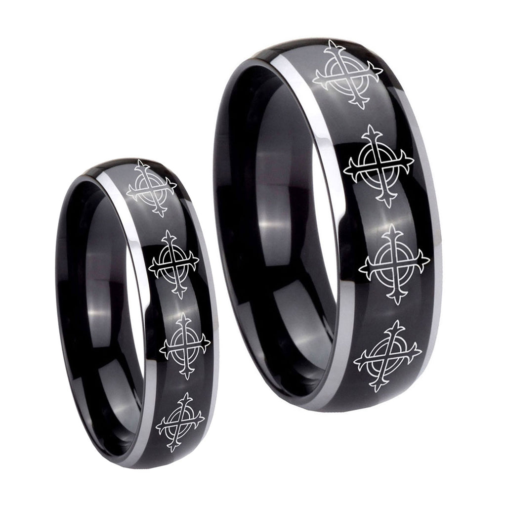 Multiple Crosses Dome Glossy Black 2 Tone Tungsten Bridal Ring Sets