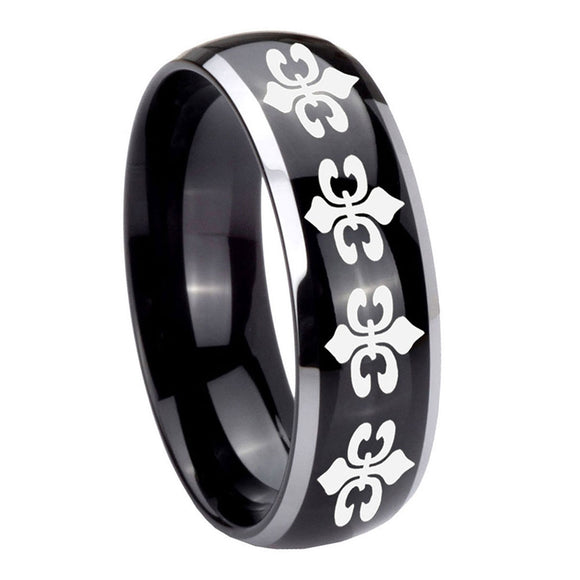 8mm-Multiple-Fleur-De-Lis-Dome-Glossy-Black-2-Tone-Tungsten-Engraved-Ring
