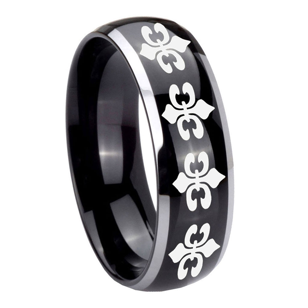 10mm Multiple Fleur Delis Dome Glossy Black 2 Tone Tungsten Men's Wedding Band