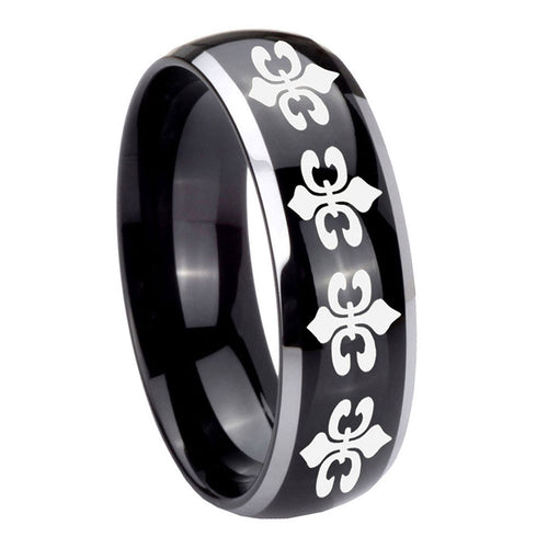 10mm Multiple Fleur Delis Dome Glossy Black 2 Tone Tungsten Men's Wedding Band